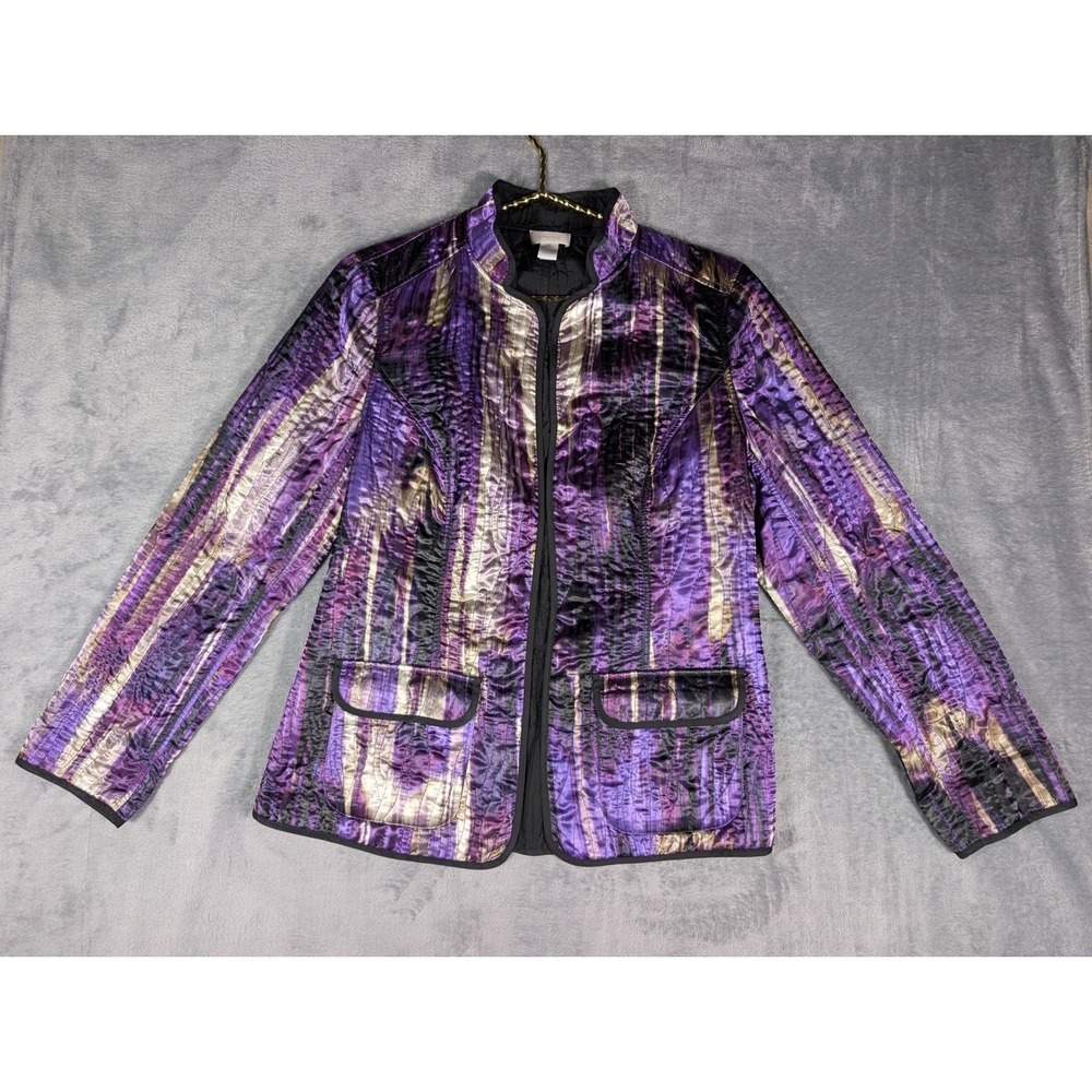 Chicos Quilted Jacket Womens 0 Purple Black Gold Abstract Open Front Cardigan